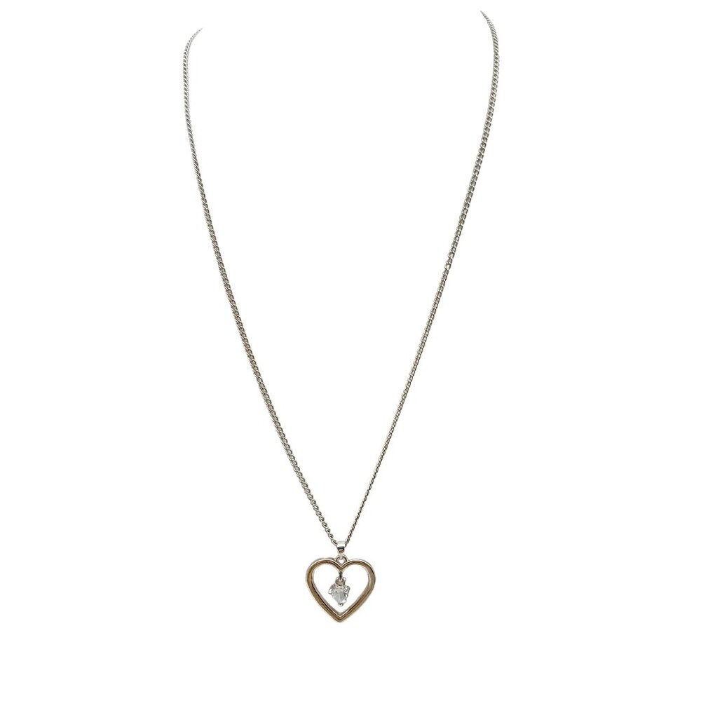 Heart Outline Pendant Necklace with Clear Crystal Charm and Silver Tone Chain